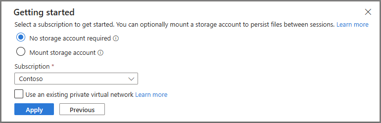 Screenshot showing the select subscription and optional storage prompt.