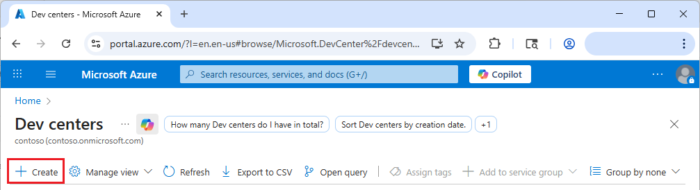 Screenshot that shows the Azure portal with the Create button on the page for dev centers.