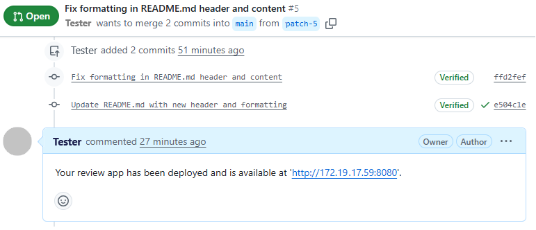 Screenshot that shows the Review app comment in GitHub.
