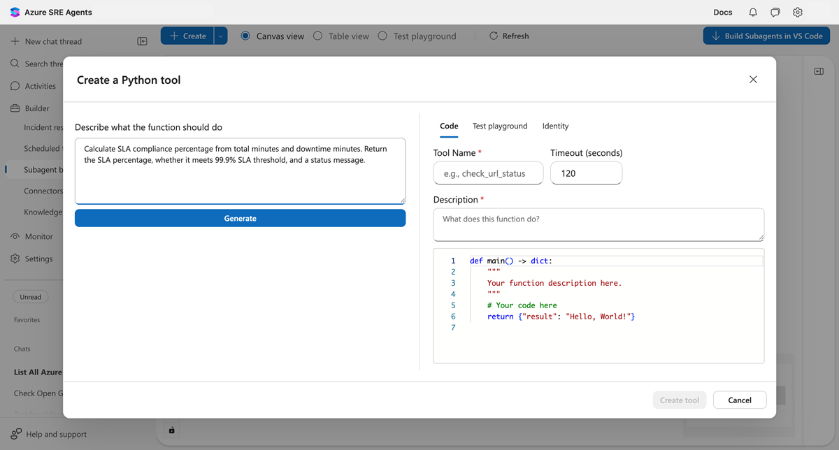 Screenshot of Python tool dialog with description entered.