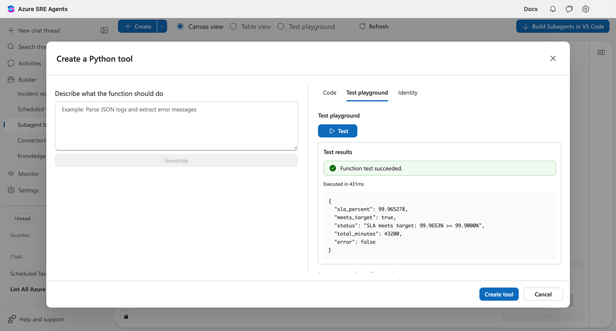 Screenshot of test playground showing successful execution.