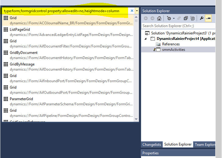 Screenshot of the Navigate To window displaying search results in Visual Studio.