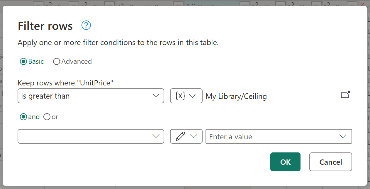 Skærmbillede af en variabel med navnet Ceiling fra biblioteket Mit bibliotek vist som valgt i filter-rækker-dialogen.
