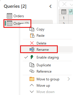 Skærmbillede, der viser funktionen til omdøbning af forespørgsel.