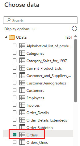 Skærmbillede, der viser dialogboksen med tabellen Vælg ordrer.