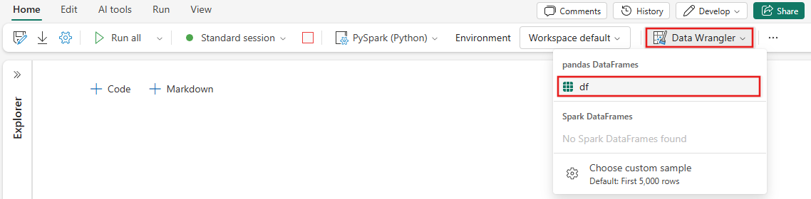 Skærmbillede, der viser, hvordan du starter data wrangleren fra en notesbog.