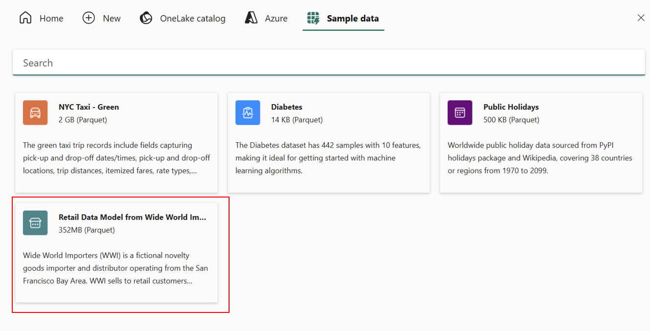 Skærmbillede fra Fabric-portalen på siden Sample Data. Retail Data-modellen vælges.