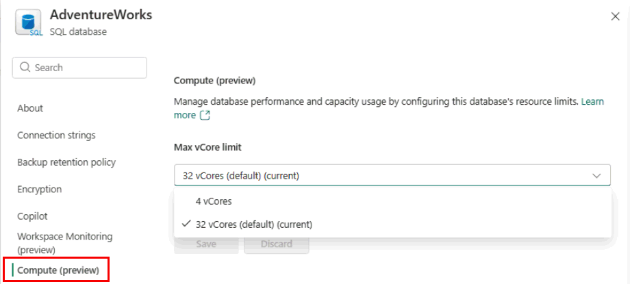 Skærmbillede fra Fabric-portalen, der viser, hvordan man konfigurerer den maksimale v Core-grænse for en SQL-database.