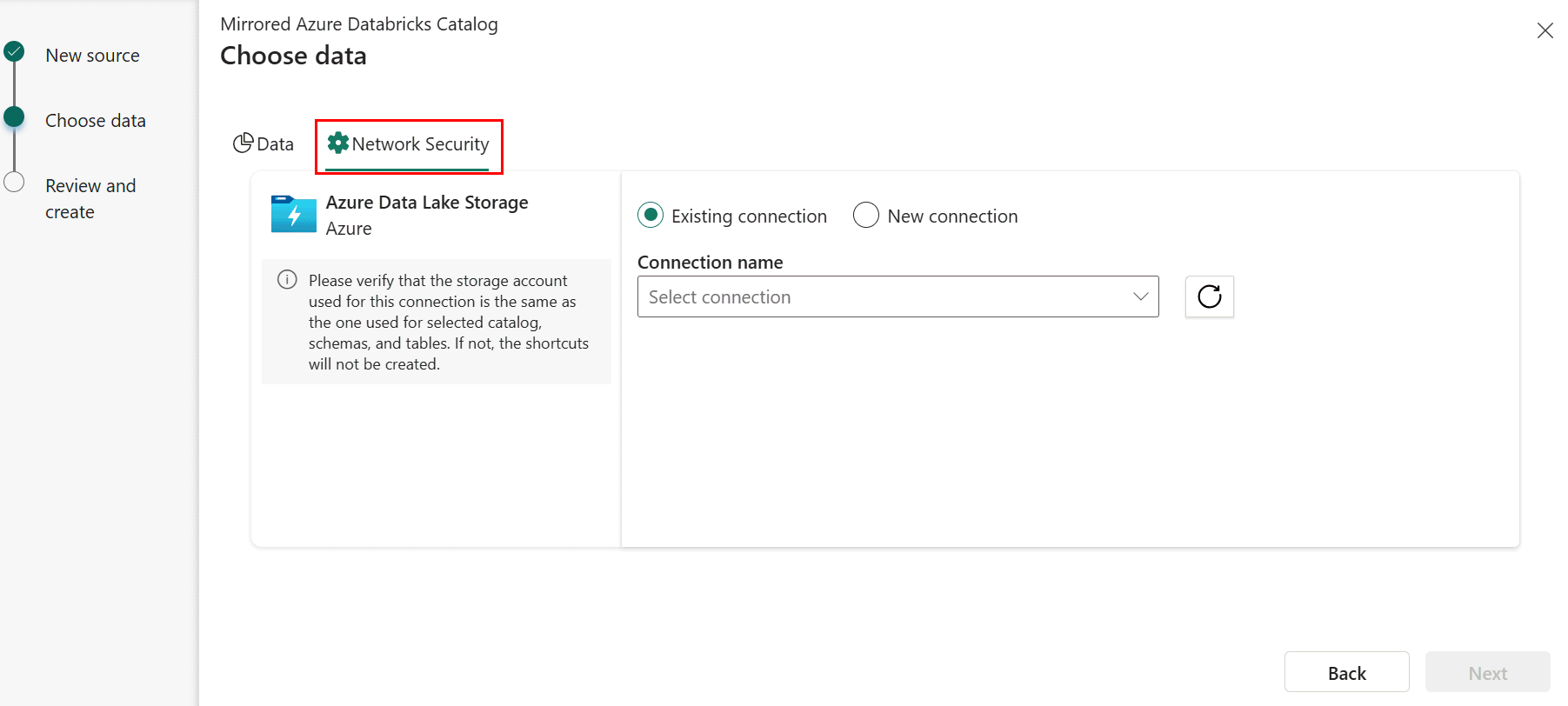 Skærmbillede af fanen Netværkssikkerhed i Databricks.