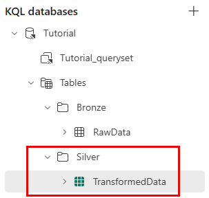 Skærmbillede af Silver-undermappen, der indeholder TransformedData-tabellen.