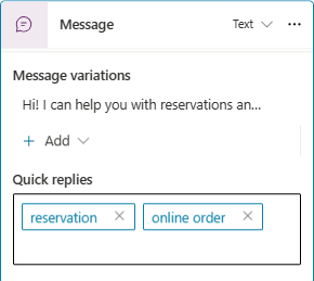 Skærmbillede af hurtige svar i en meddelelsesnode.