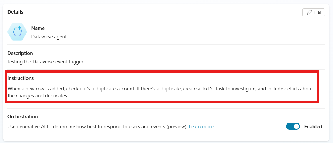Skærmbillede af feltet agent-instruktioner.