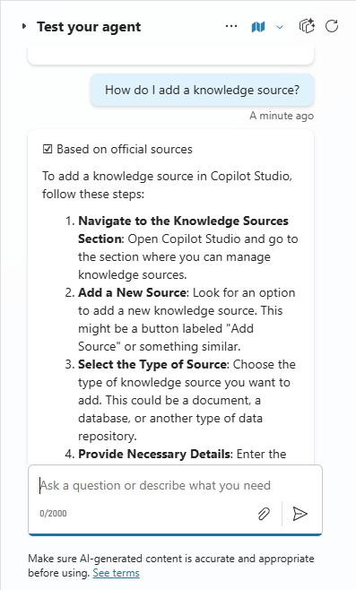 Skærmbillede af et testspørgsmål i testchatten.