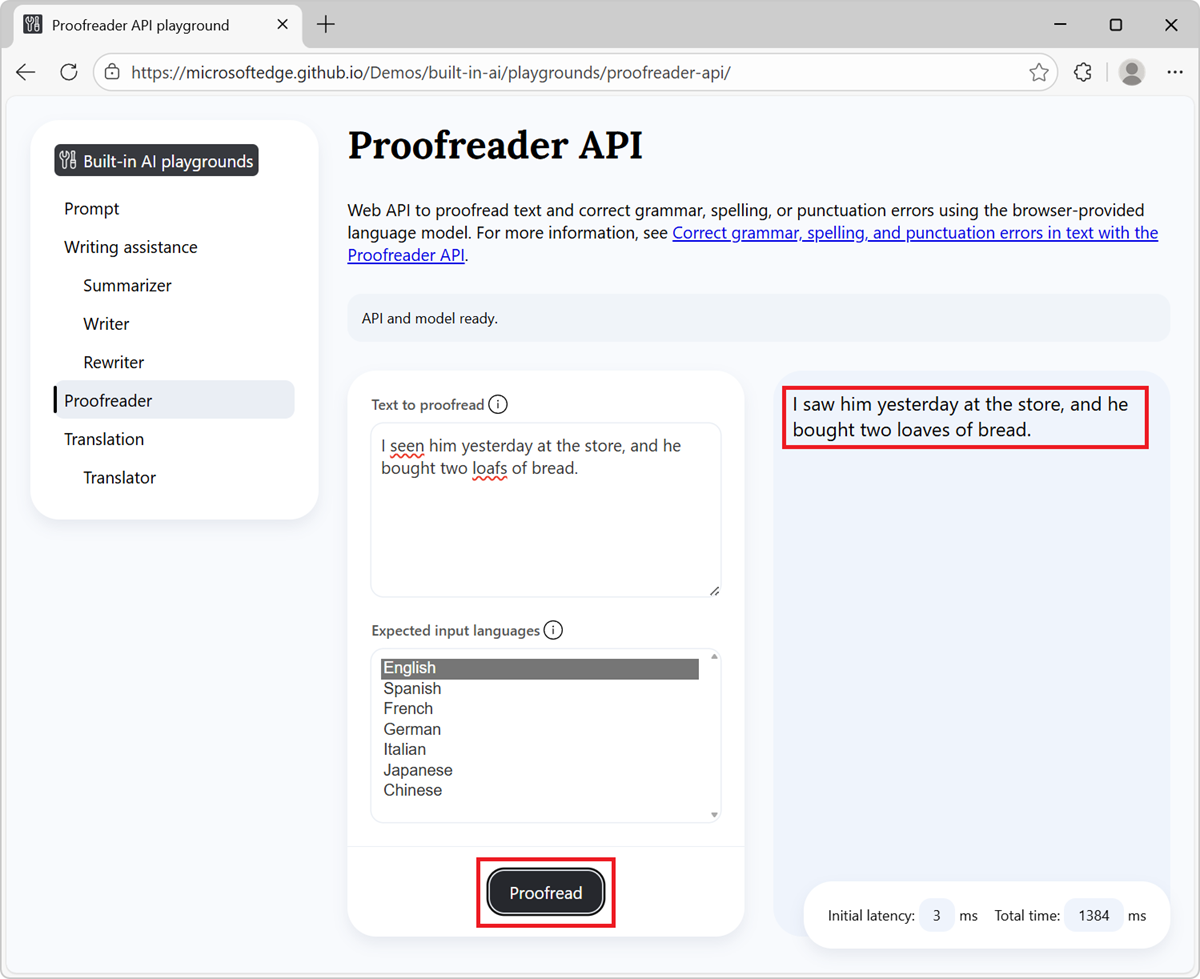 The Proofreader demo page, containing settings and a Proofread button