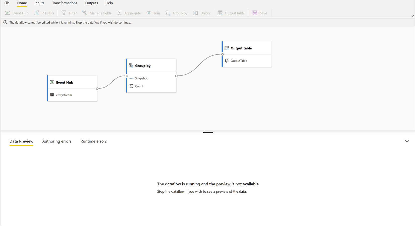 Skærmbillede, der viser prøveversionen af deaktiverede data, når der kører et streamingdataflow.