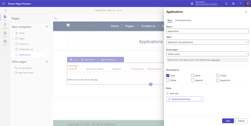 Skærmbillede, der viser oprettelse af en tabeltilladelse til en tabel med kontaktopslag.