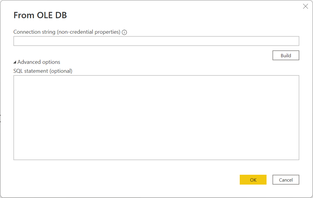 Skærmbillede af O L E D B-forbindelsesdialogen, der viser forbindelsesstrengen og avancerede indstillinger.