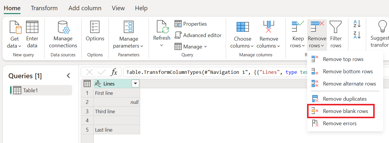 Skærmbillede af menuen Fjern rækker i fanen Hjem med fremhævet Fjern blanke rækker.