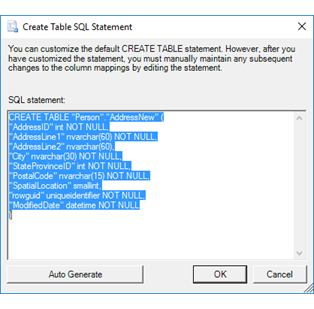 Create table page of the Import and Export Wizard Create table page of the Import and Export Wizard