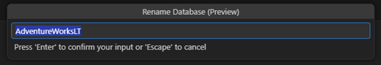 Screenshot of the Rename Database inline input prompt.