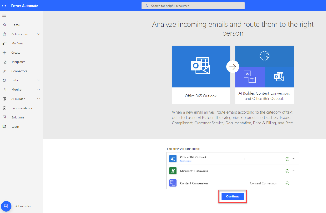 Screenshot of the summary for the selected template in Power Automate Studio with a list of connectors and a highlight on the Continue option.