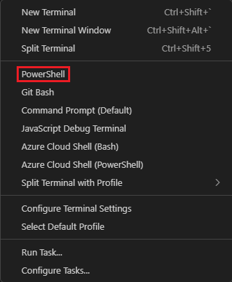 Skærmbillede af terminalvinduet i Visual Studio Code, der viser rullelisten Vælg shell.