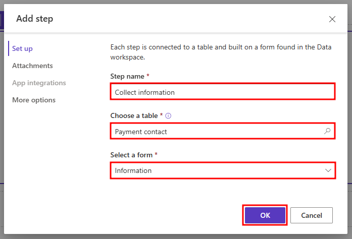 Screenshot of the Add step window with the fields to edit highlighted.