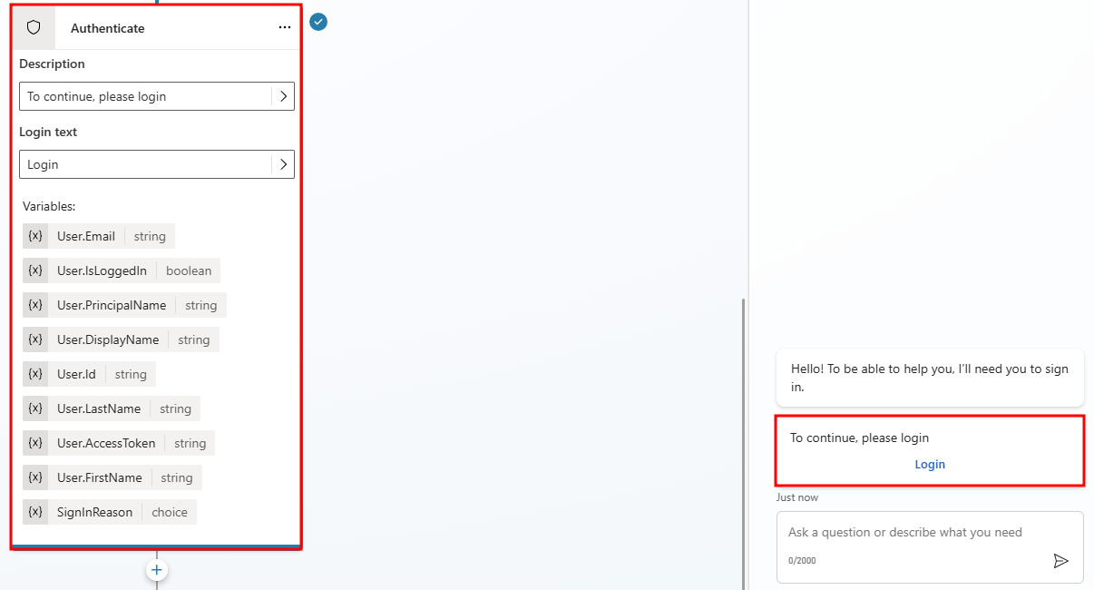 Screenshot of Microsoft Copilot Studio showing the Authenticate action with conditions.