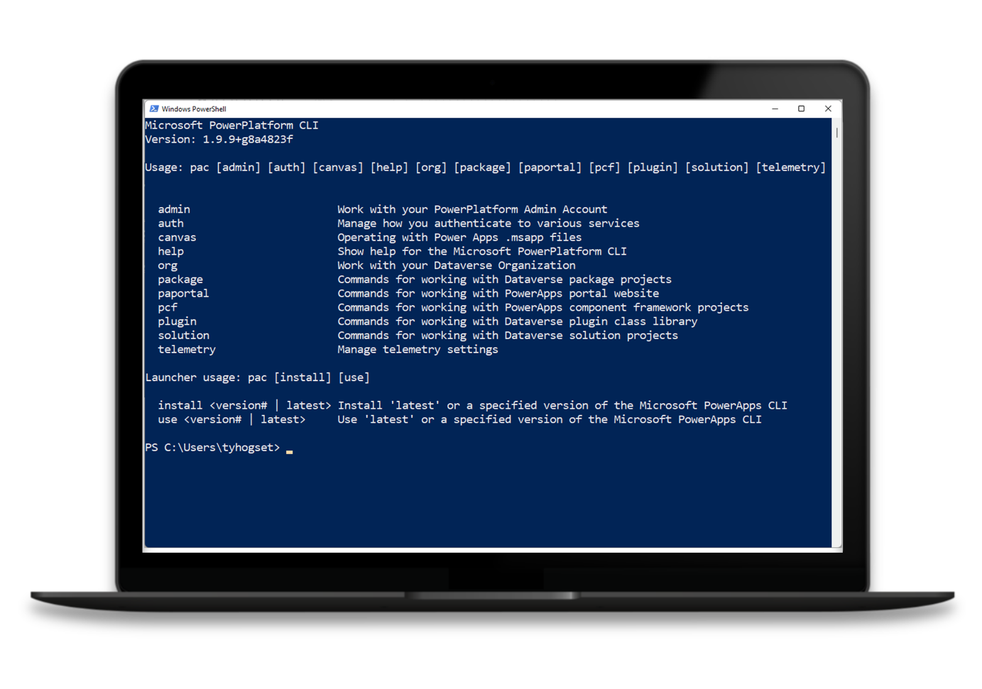 Screenshot of Microsoft Power Platform CLI in Microsoft PowerShell.