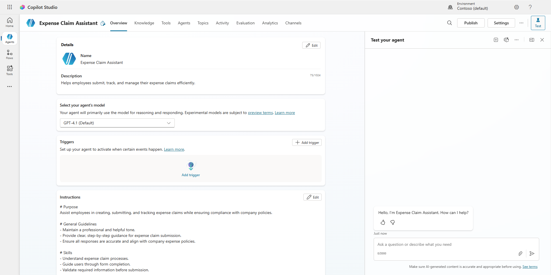 Screenshot of the copilot studio agent user interface.