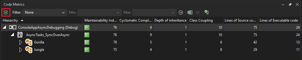Screenshot of the Code Metrics window.