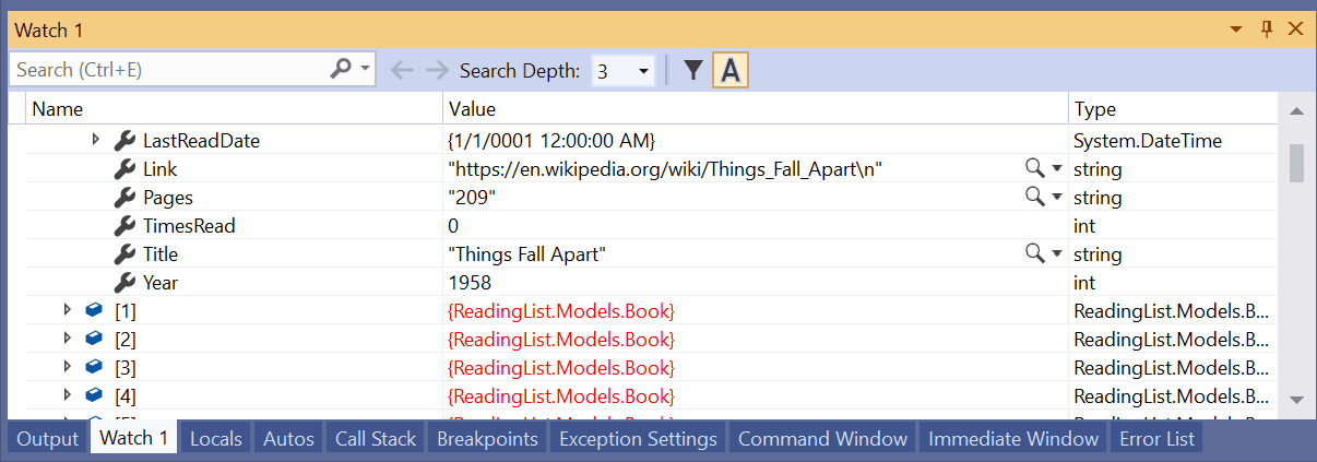 Pin properties in the Watch window Screenshot of Pin properties in the Watch window.