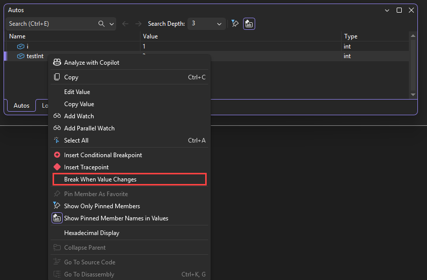 Screenshot that shows the Break When Value Changes command.