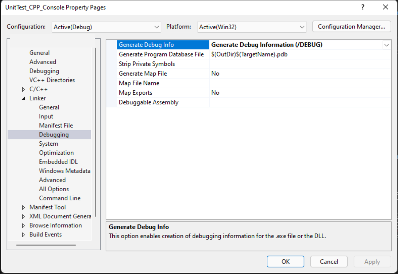 GeneratePDBsforCPlusPlus Screenshot that shows the Debugging property page.