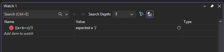 Watch expression error Screenshot that shows an error in the Watch window.