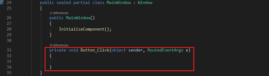 Screenshot showing the C# code for the default Button_Click event handler.