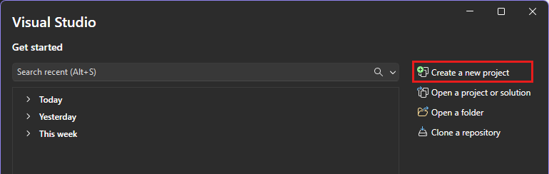 Screenshot of the Create a new project option in the Visual Studio start window.