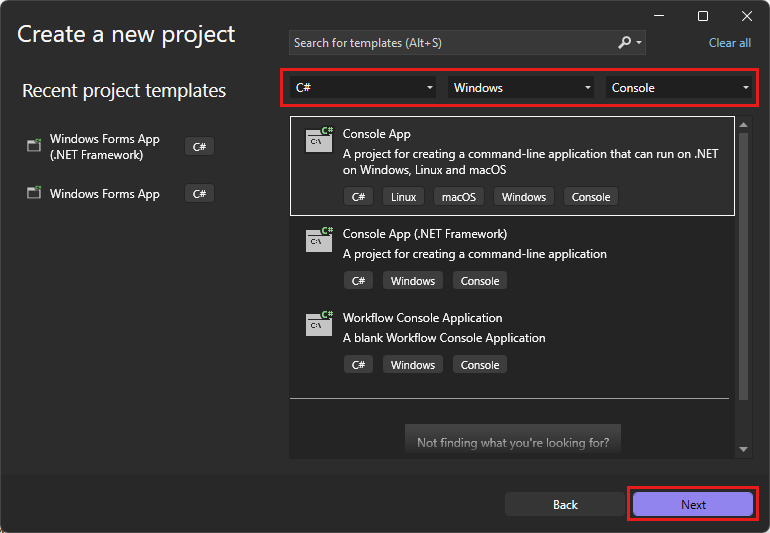 Screenshot of the Create a new project window with Console Application selected.