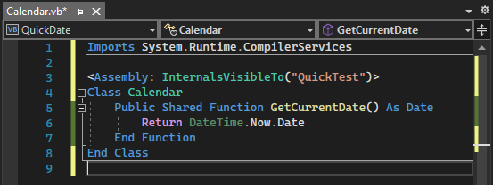 Screenshot showing the code for Calendar.vb in the Visual Basic code editor window after you added the Imports statement and Assembly attribute lines.