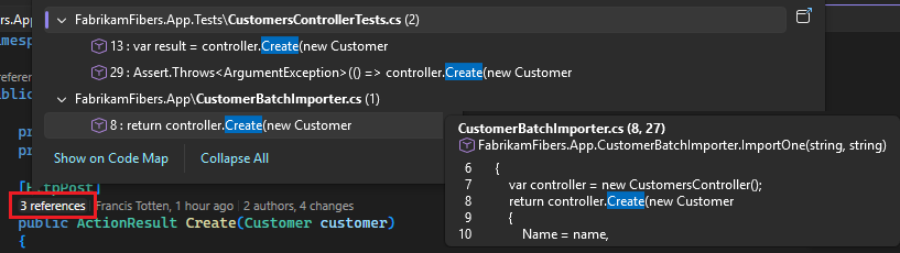 Screenshot of CodeLens indicators in the Visual Studio code editor.