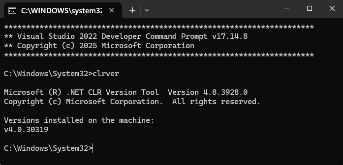 Screenshot of the Developer Command Prompt for Visual Studio.