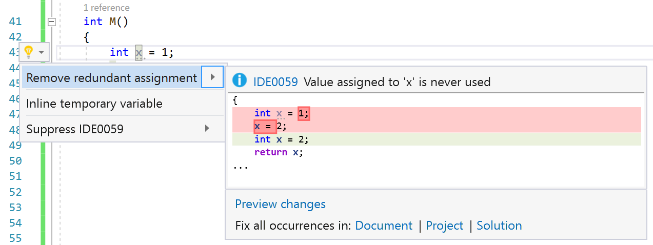 Screenshot of Unused value assignment.