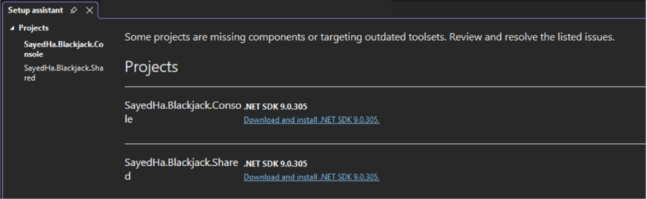Screenshot of the C# Setup Assistant.