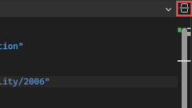 Screenshot showing the middle pane of the XAML code editor in Visual Studio with the Split button highlighted at the top right of the pane.