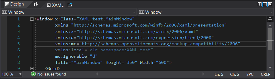Screenshot of the XAML code editor window in Visual Studio Screenshot of the XAML code editor window in Visual Studio.