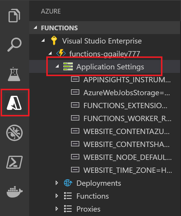  Screenshot zum Anzeigen der App-Einstellungen der Funktion in Visual Studio Code.