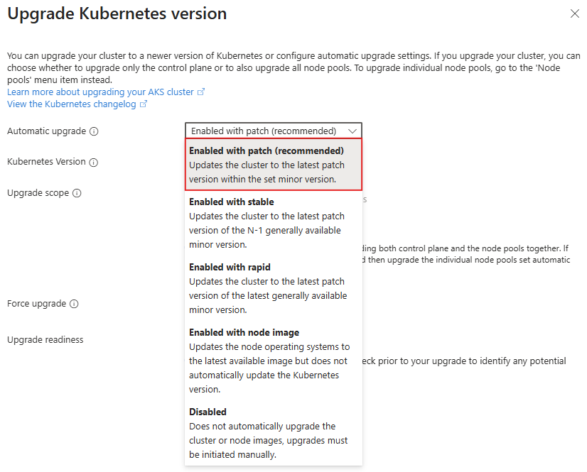 Screenshot: Bildschirm „Upgradeversion“ mit der Option „Automatisches Upgrade“, die auf „Mit Patch aktiviert“ festgelegt ist (empfohlen)