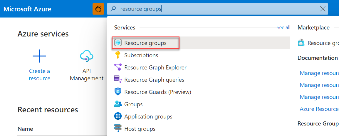 Screenshot mit Ressourcengruppen in der Portalsuchleiste.