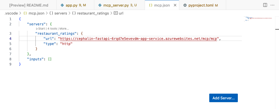 Screenshot, der zeigt, wie Sie einen MCP-Server manuell aus der lokalen mcp.json Datei starten.
