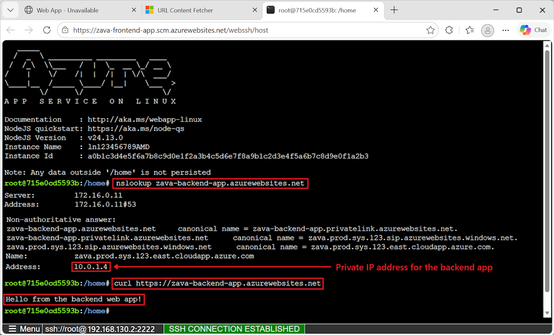Screenshot der SSH-Sitzung, der zeigt, wie App-Verbindungen überprüft werden.